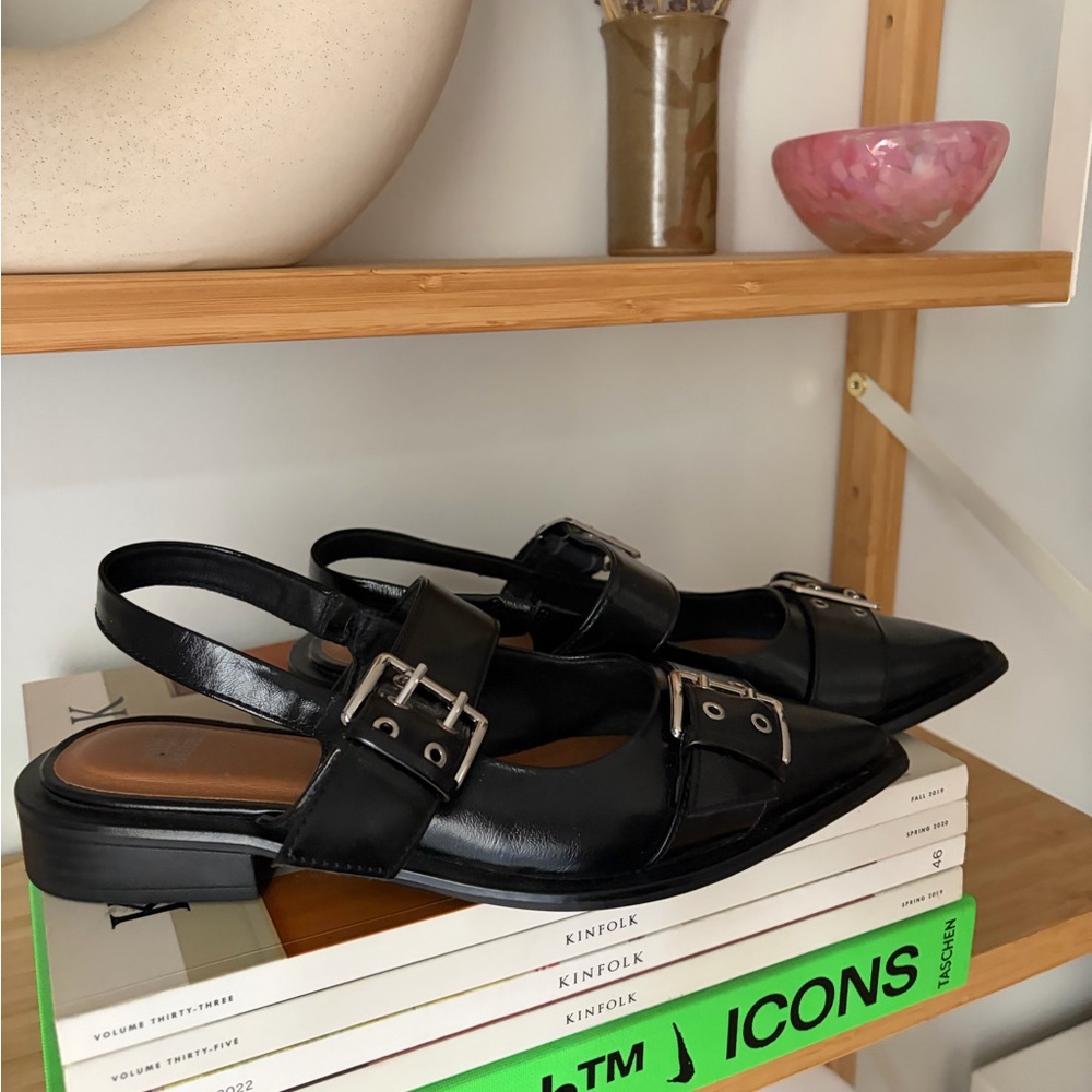 Black Pointed Slingback Buckle Flats -  Women